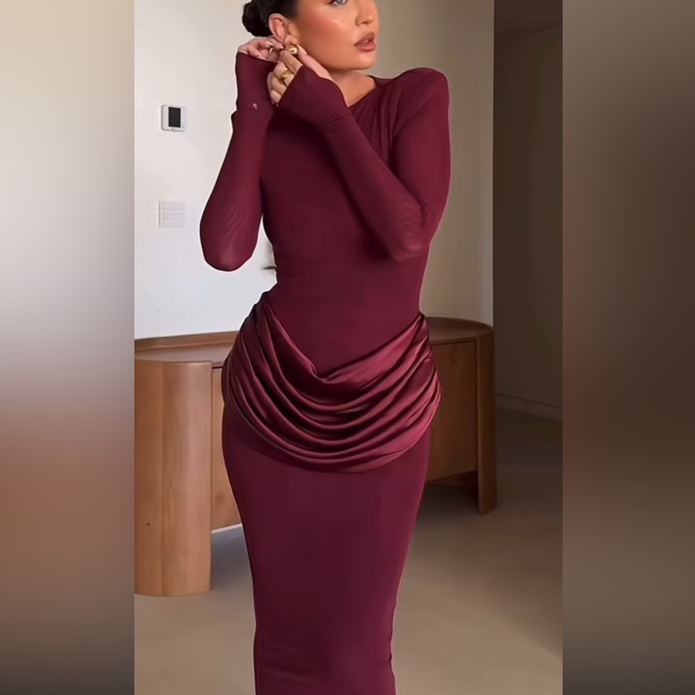 ASOS - Wanderdoll burgundy long sleeve Eman dress mesh maxi dress draped waist - Picture 3 of 14